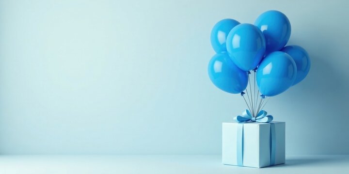 A Light Blue Gift Box with a Sky Blue Ribbon and Balloons Floating Above