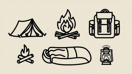 Camping Essentials Icons Tent Backpack Sleeping Bag Fire Lantern Line Art Graphics