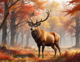 A beautiful watercolor artwork of a dominant red deer stag in autumn scenery, Forest, Dominant