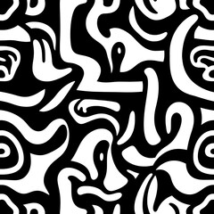 Abstract Monochrome Pattern: A dynamic, seamless pattern featuring bold, black and white abstract shapes that interlock and flow together creating a visually striking and modern design.  