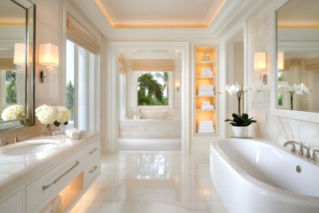 A luxurious white bathroom with a freestanding tub, marble tiles, and soft lighting