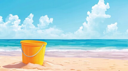 Yellow Bucket Sits On Sandy Beach Under Blue Sky