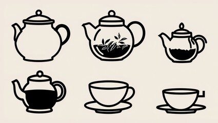 Fototapeta premium Tea Time Icons Teapots and Teacups Simple Line Art Graphics Beverage Illustration