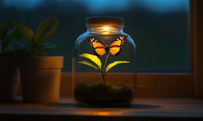 Glowing jar with butterfly and plant by window at dusk