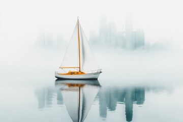 A minimalist 2D representation of a white sailboat with bold, clean lines floating on calm waters, drawn on a white background