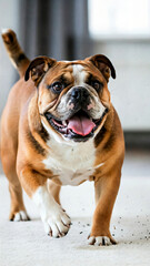 Obraz premium Playful naughty dog ​​moves on soft, light carpet in stylish living room. Concepts about dirt on floor, hygiene, house cleaning, dog walking, training, punishment, interior