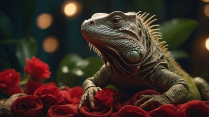 Fototapeta premium A close-up of a lizard resting on roses with a soft, blurred background of lights.