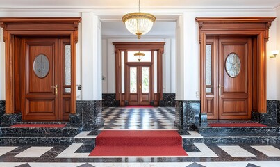 Fototapeta premium Grand entrance hall with red carpet, wooden doors, marble floor, and chandelier