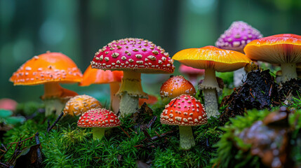 Close Up View of Colorful Fungi Growing in a Damp Forest Environment