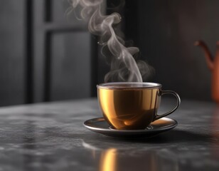 A cup of steaming tea on a minimalist metal surface, clean, simple, geometric