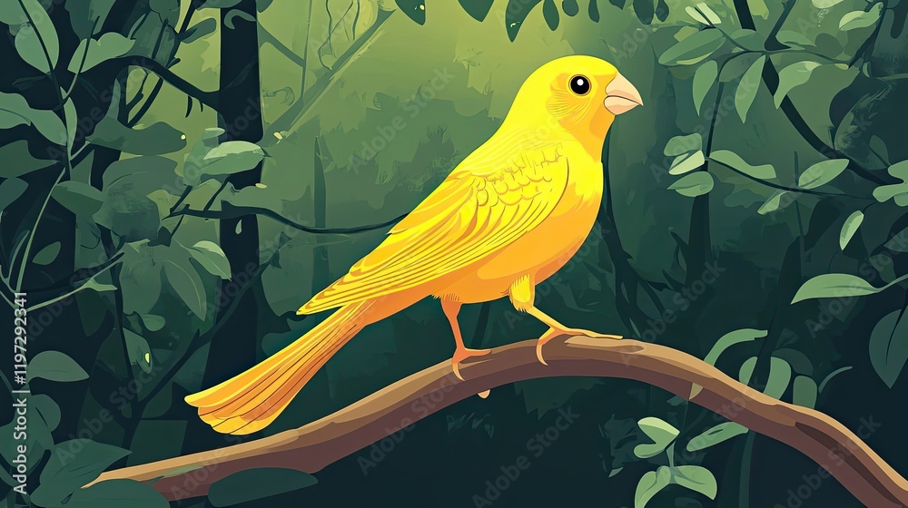 Poster A Yellow Canary Perched on a Branch in a Lush Forest