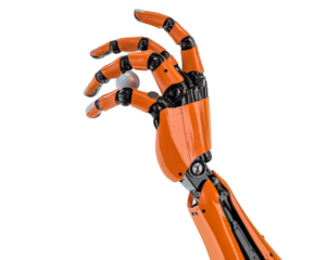 Intricate Orange Robotic Arm Grasping a Pearl: A Futuristic Mechanical marvel , isolated on white background PNG
