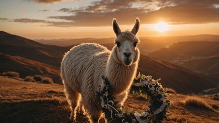 A llama stands on a hillside at sunset, holding a floral wreath.