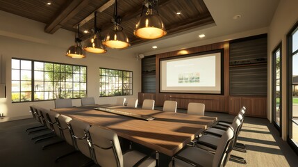 Fototapeta premium Modern boardroom with data visualization screen – futuristic corporate meeting space