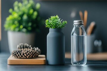 A minimalist desk setup with a plant, water bottle, and organized stationery, promoting productivity and mental clarity