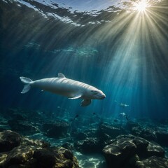 Fototapeta premium A Beluga whale swimming through a vivid underwater canyon, illuminated by soft beams of sunlight.