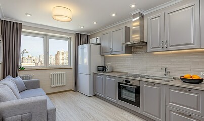 Modern small apartment kitchen interior with city view, ideal for real estate listings