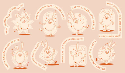 Set of stickers with monochrome groovy retro Easter egg wearing glove characters in different poses and emotions.Flat vintage shapes and ribbons saying happy Easter