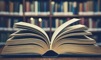 Naklejka premium Open book on library table with blurred bookshelf background, ideal for education or literature themes