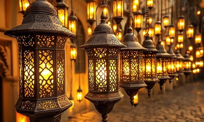 Obraz premium Ornate lanterns glow at dusk, creating a magical market atmosphere