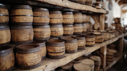 Rustic cellar storing Modena balsamic vinegar barrels 