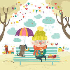 Naklejka premium Old man with dog under umbrella. Best friends. Vector illustration