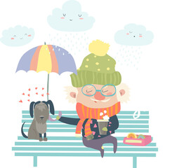 Old man with dog under umbrella. Best friends. Vector illustration