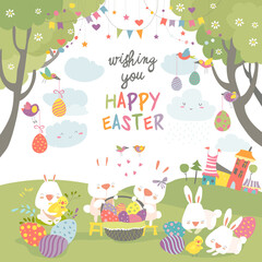 Easter bunnies and easter egg. Vector illustration