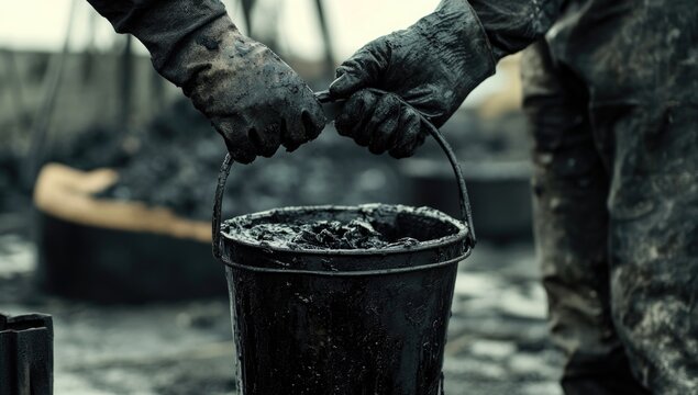 Strong hands grip a bucket filled with dark, thick material. The setting suggests a busy construction site, possibly during overcast weather