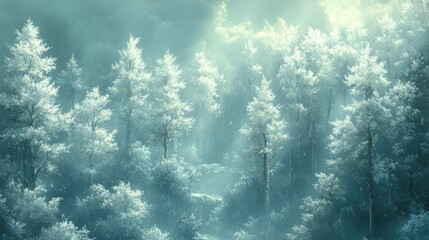 Mystical winter forest scene with snow-covered trees and fog.