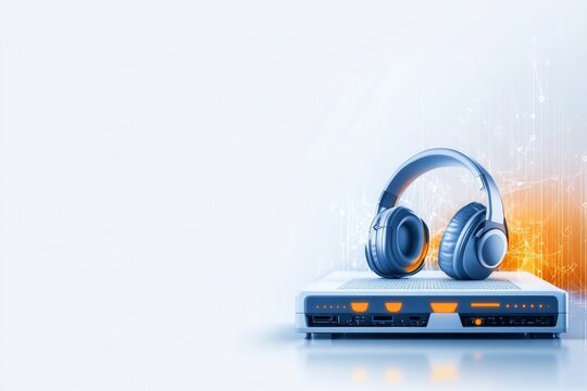 A simple graphic of a VoIP router and headset, with arrows representing voice transmission, rendered in bright, contrasting colors on a white backdrop