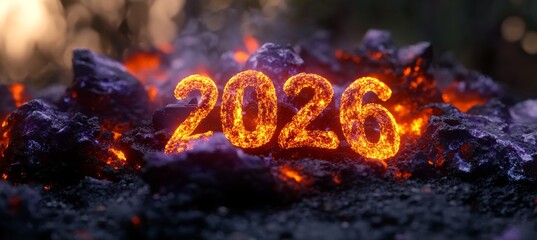 Fiery Year 2026 Emerging from Hot Glowing Embers and Molten Lava, Symbolizing a Heated Future