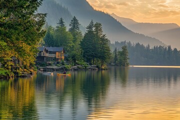 Fototapeta premium Serene Sunset Over Cultus Lake: Kayaking on Tranquil Waters Amidst Inviting Shoreline in British Columbia
