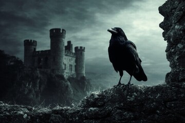 Fototapeta premium Majestic Black Raven Perched Near a Stone Castle Under a Gloomy Sky