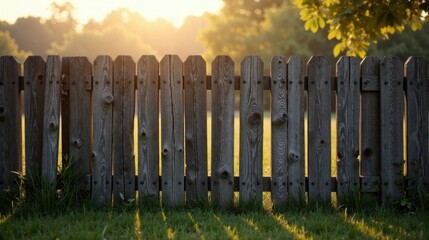 Obraz premium Rustic Wooden Fence Bathed in Golden Hour Sunlight, Separating Lush Green Meadow from a Serene Natural Landscape