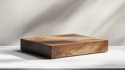 3D rendering of a wooden cube podium on a white background with a soft shadow and light for displaying a product or design mock-up, an abstract minimal concept. Stock photo. 