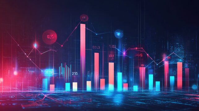 Big data and statistics concept with digital glowing growing graphs and diagrams on night megapolis city background. Double exposure