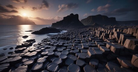 Fototapeta premium A dramatic vista of Giant's Causeway stretches across the sky, its rocky surface glowing softly in the moonlight , giant s causeway, wilderness