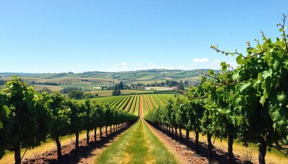 Naklejka premium Vineyard Landscape: Rows of grapevines stretching towards a picturesque valley under a clear blue sky.
