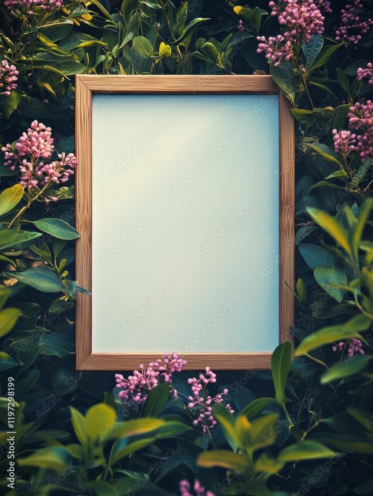 Poster Decorative empty frame surrounded by lush greenery and vibrant flowers inviting creative text placement. Generative AI