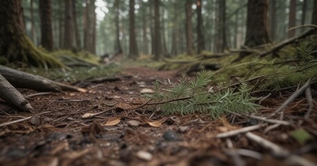 A fallen pine needle lies on the forest floor, its soft texture and muted color adding depth to the overall scene , forest floor, earthy tones, forest ambiance