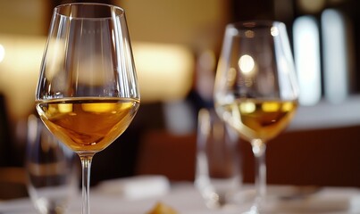 Naklejka premium Two glasses of white wine on restaurant table, blurred background
