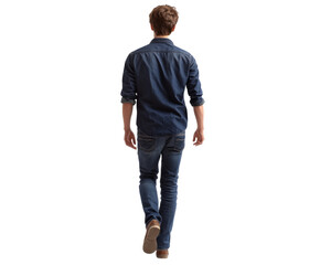 Stylish Man in Denim Outfit Walking Away - A Modern Lifestyle Portrait , isolated on white background PNG