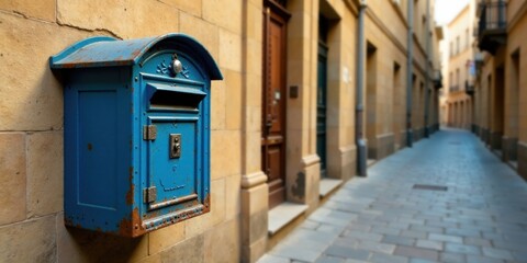 A weathered blue postal receptacle affixed to a stone wall in a narrow alleyway, hinting at stories untold and messages yet to be delivered.
