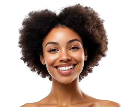 Radiant Smile of a Happy Woman with Beautiful Afro Hair , isolated on white background PNG