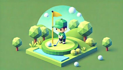 The image captures a serene golf course at sunrise, with dew-covered grass and a lone golfer preparing for a perfect shot.