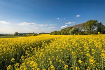 Obraz premium A field of yellow flowers in full bloom under a brilliant blue sky on a warm summer day, natural scenery, yellow flowers, sunny weather, blue sky, countryside