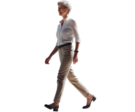 Stylish Mature Woman Walking in the City , isolated on white background PNG