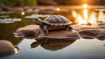 Obraz premium A turtle resting on a rock by a serene pond during sunset, reflecting in the water.