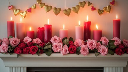 Romantic valentine decor concept Romantic candles and roses adorn a mantelpiece for a cozy atmosphere.